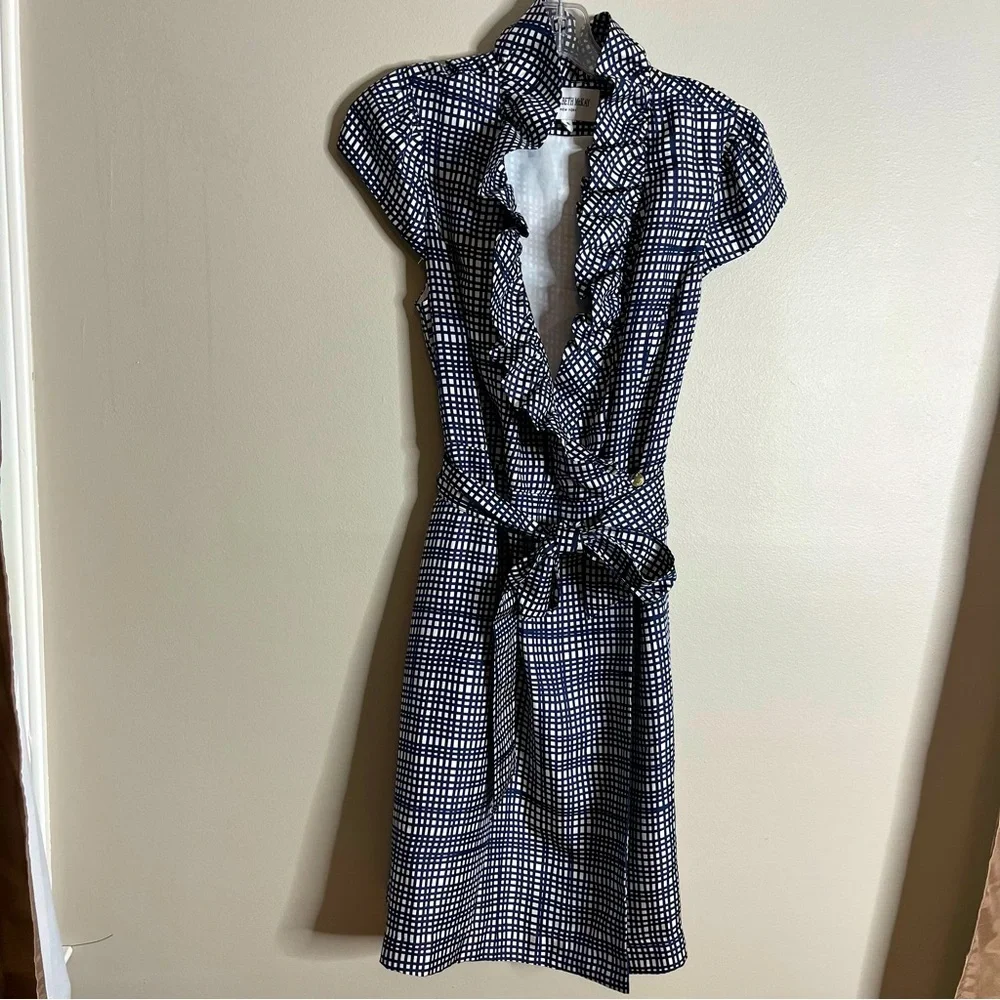 Elizabeth McKay Size 8 Scotland Dress Silk Wrap Navy White Ruffle Collar R16 - Picture 1 of 7